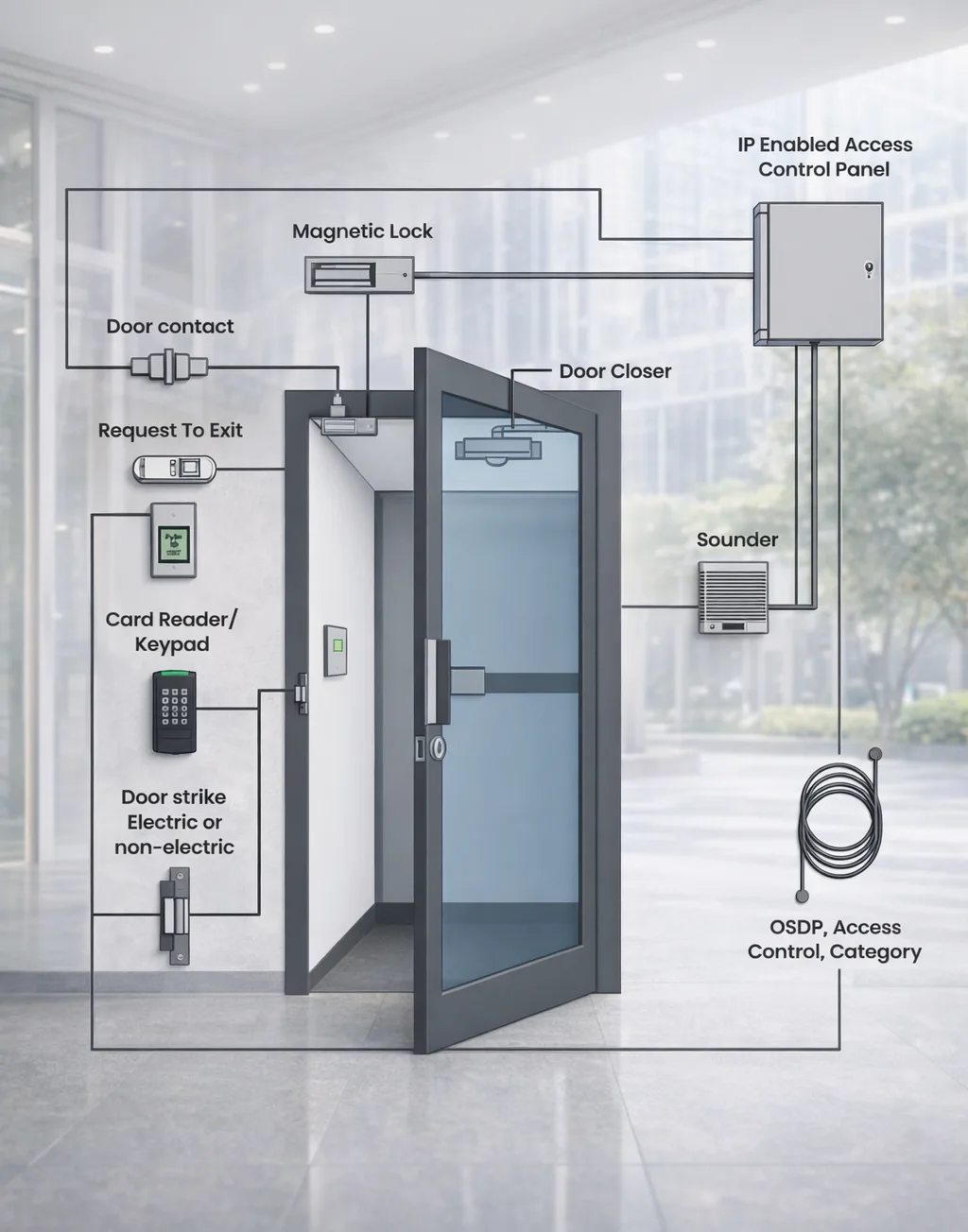Diagram showing access control door components including card reader, magnetic lock, door contact, request-to-exit device, controller, sounder, and cabling