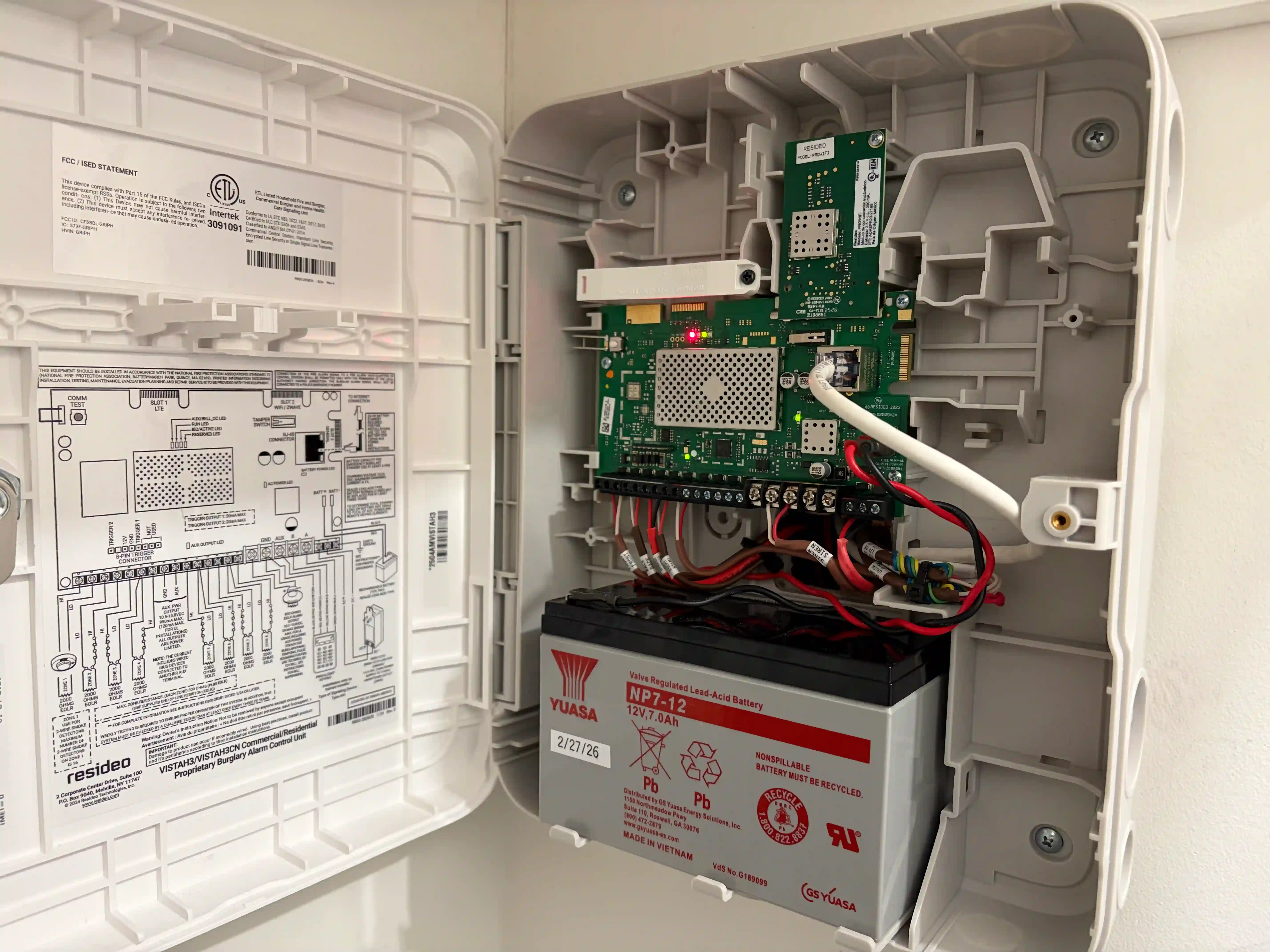 First Alert Vista H3 hardwired alarm panel in Syosset home.