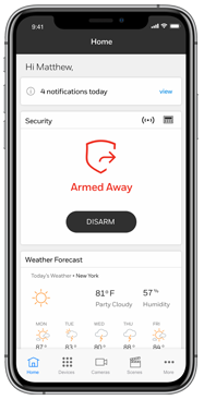Honeywell Total Connect 2.0 mobile app interface for alarm control