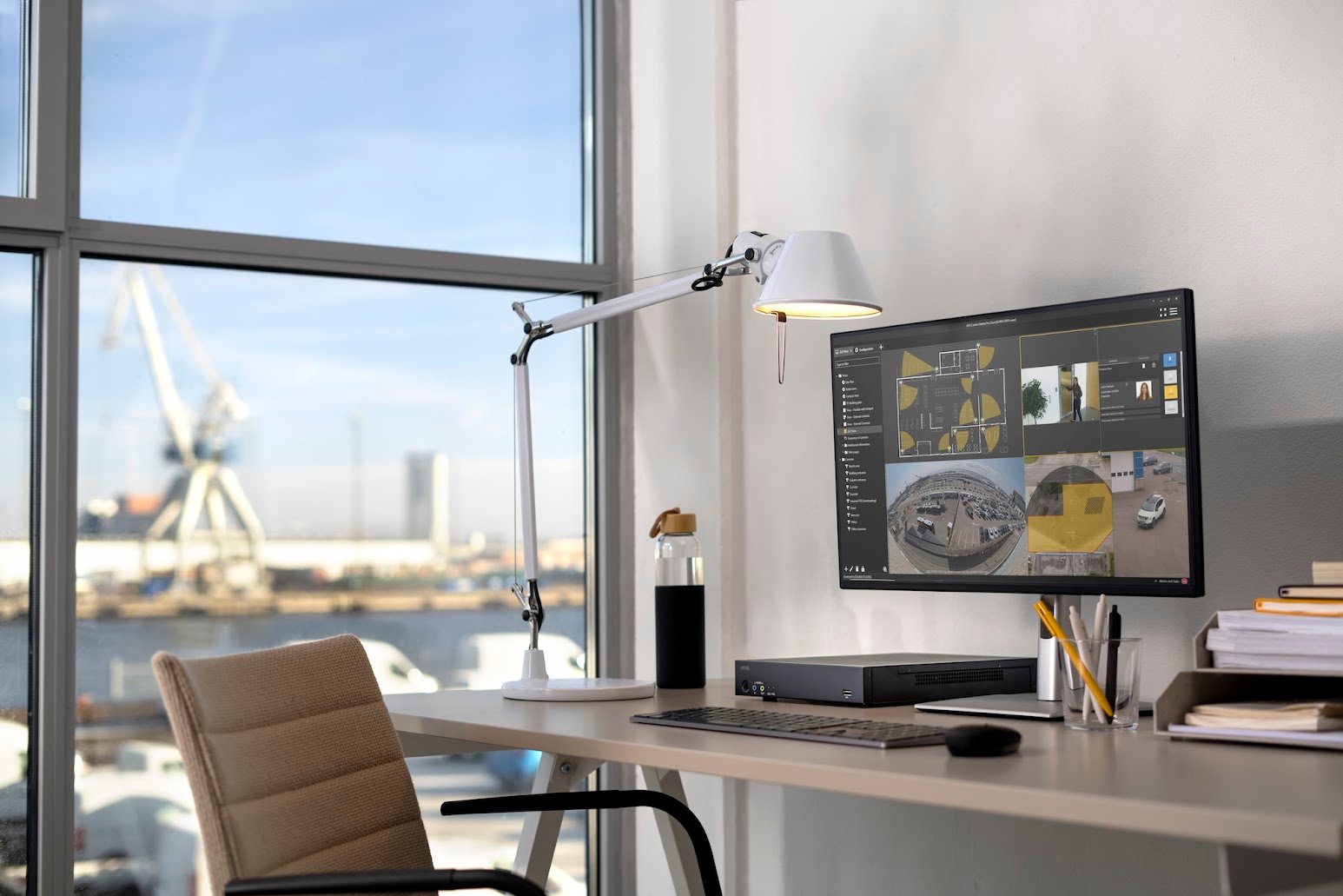 Axis video management workstation displaying multi-camera surveillance feeds