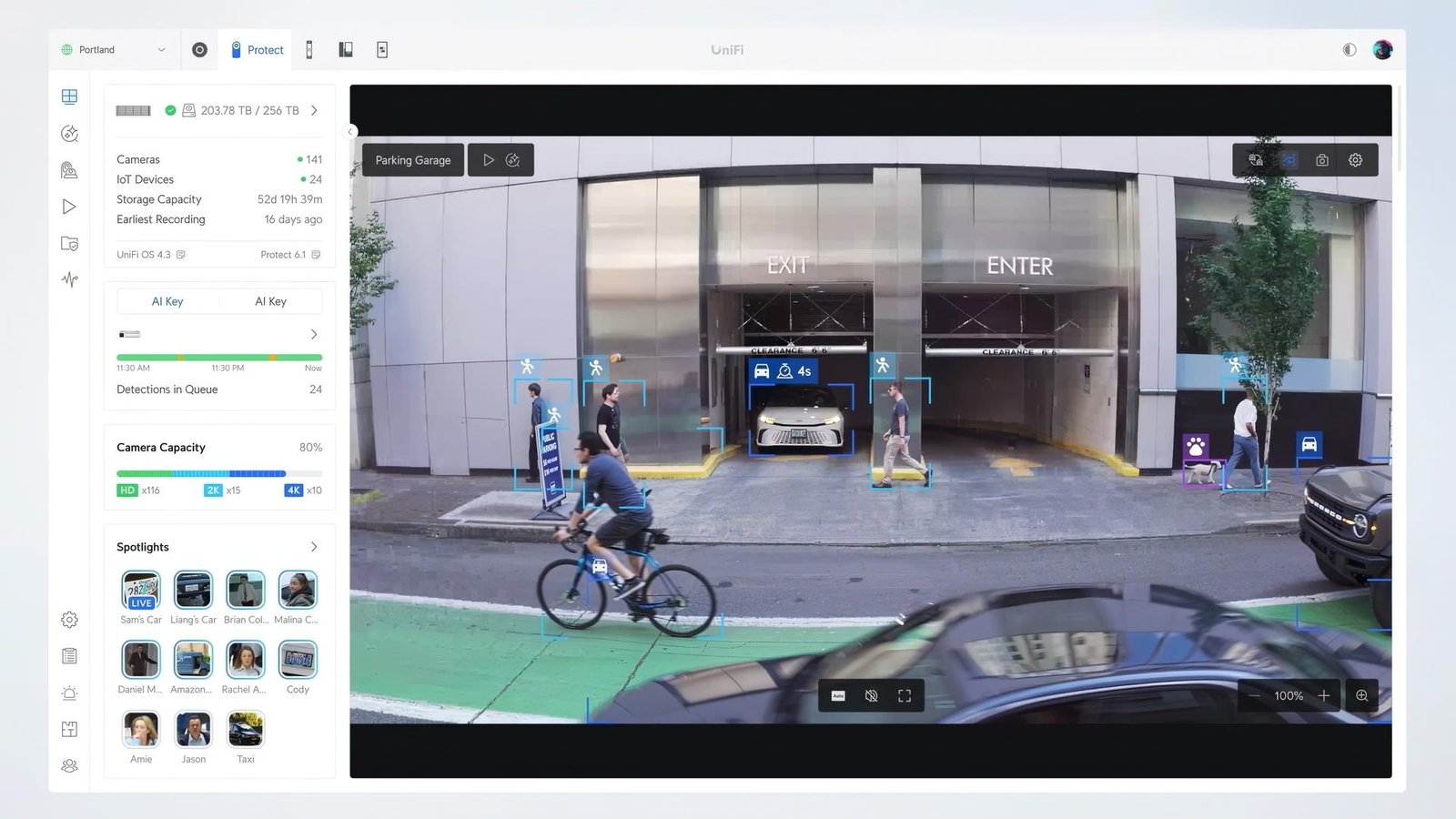 UniFi Protect AI-powered detection showing real-time person, vehicle, and object identification