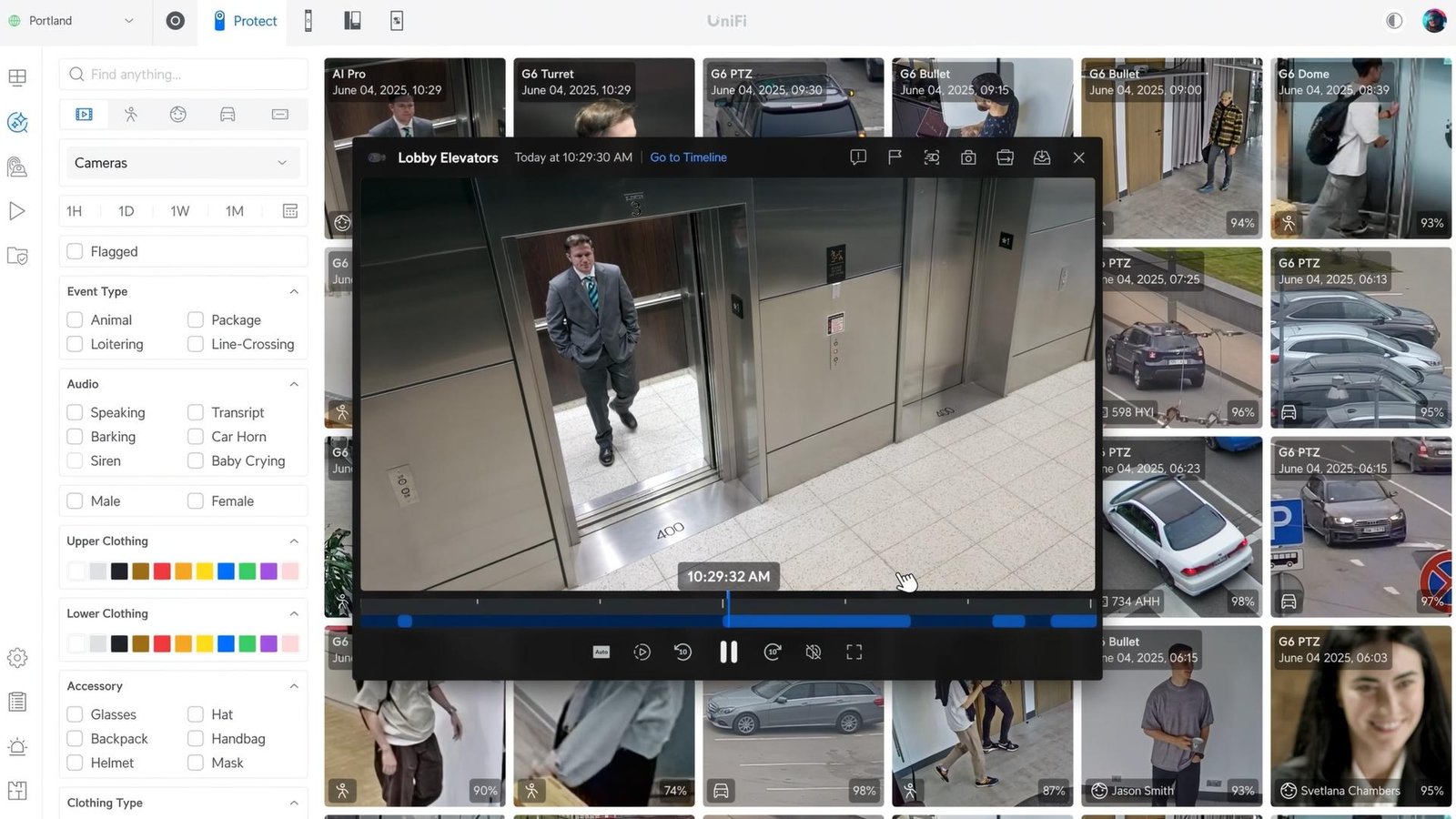 UniFi Protect AI-powered search filtering footage by person, vehicle, and clothing attributes
