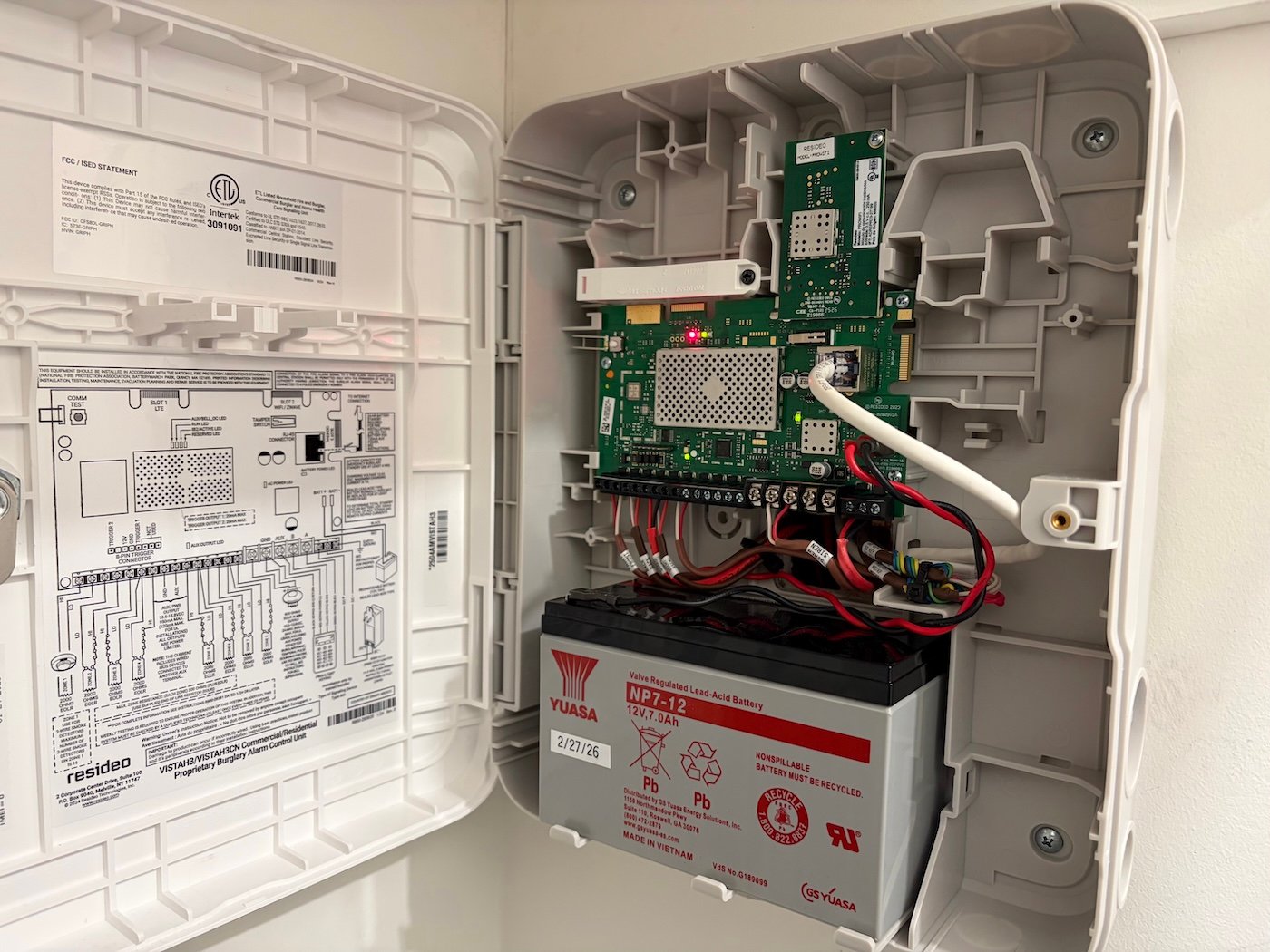 First Alert Vista H3 hardwired alarm panel in Syosset home.